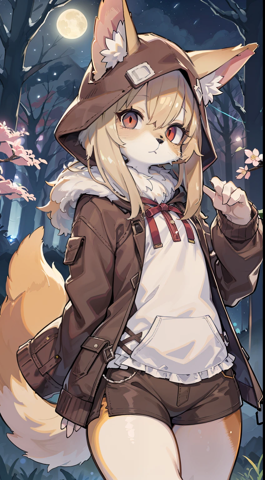 Fox Boy，hairy pubic，shaggy，Skin fur，Golden fur，Golden yellow face fur,Short straight blonde hair，Eyes have light，Red eyes，Brown elements on fur，Brown coat brown hood up，Star pattern white top，brown shorts，Beautiful lights and shadows，Ambient light，Ultra-fine fur，volumettic light，Night,natural  lightting，Fluffy tail，Night，starrysky，Vast landscape，crossed bangs, Hairline, Shiny hair, lone nape hair, ，Dilated pupils，Sleepy，（moon full：1.2），（meteors：0.9），（Starcloud：1.3），Inside the cherry blossom forest，Cherry blossoms fall，（Warm light source：1.2），（glowworm：1.2）， Purple and orange，Complicated details，Volumetriclighting，Realist breakthrough（tmasterpiece：1.2）（best qualtiy），4K，Ultra-delicate，（Dynamic configuration：1.4），Highly detailed and colorful details，（Irridescent color：1.2），（luminouslighting，Atmospheric lighting），dream magical，magic，（独奏：1.2）Glowing light,Empty eyes, cowboy shot