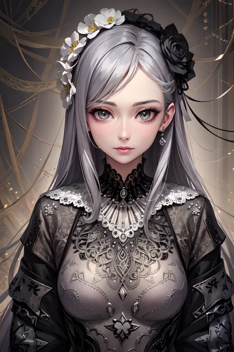 Super detailed facial and body details of gray hair woman，（tmasterpiece，top Quority，best qualtiy，offcial art，Beauty and aesthetics：1.2），（1girll），Extremely detailed，（s fractal art：1.3），Extremely colorful，Most detailed