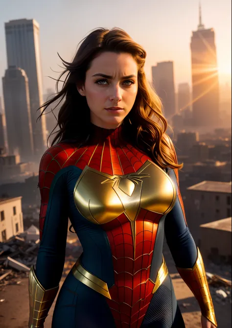 Beautiful woman of European appearance in a detailed brown Spider-Man costume, big breastes, Superhero Pose catches, Joyful, Standing in a ruined city at sunset, hyper-detailing, Smoke, sparks, sunlight rays (8 thousand), Realistic, Symmetrical, Award-winn...