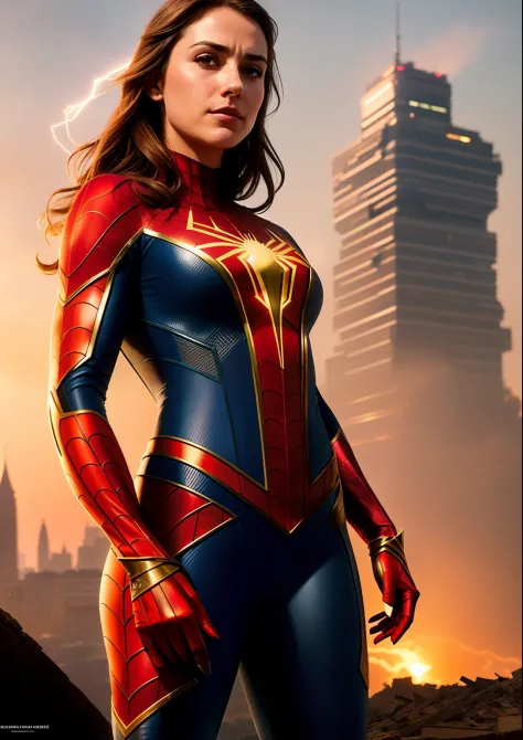 Beautiful woman of European appearance in a detailed brown Spider-Man costume, big breastes, Superhero Pose catches, Joyful, Standing in a ruined city at sunset, hyper-detailing, Smoke, sparks, sunlight rays (8 thousand), Realistic, Symmetrical, Award-winn...