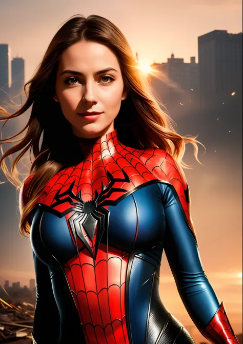 Beautiful woman of European appearance in a detailed Spider-Man costume, big breastes, laughting, ssmile, Joyful, opened mouth, Portrait in the background in a ruined city at sunset, hyper-detailing, Smoke, sparks, sunlight rays (8 thousand), Realistic, Sy...