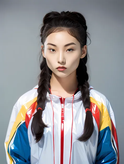 a female high school student，wearing pvc yellow school uniform