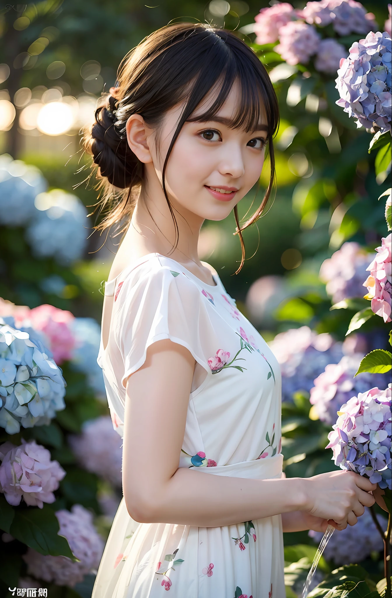 (((Full body photo)))), ((Single eyelid))),((Sunset backlight))),(Lens flare)),(Wearing china clothes)),(((Super Soft Focus)))))), smiling, (Profile))))), (Upward)), twilight, showering, Colorful hydrangea on background, surrounded by hydrangeas, ((soft sunset)), (yinchuan:1.5), masterpiece, best quality, raw photo, photorealistic, face, beautiful girl, cute, short hair, ((((depth of field)))), high resolution, ultra detail, fine detail, very detail, cinematic lighting