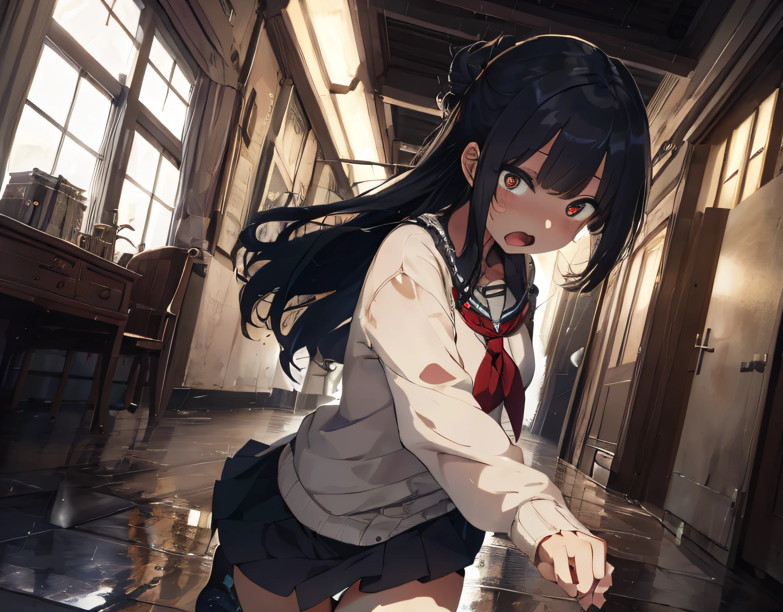 masterpiece, best quality, ultra-detailed, illustration, an extremely delicate and beautiful, cute, 2girls, yuri ,2girls holding hands and running, energetic, active, cute, black hair, labyrinth, Mysterious world, night, rain outside the window, lanthanum, search, adventure, run away, chased, dark blue colored skirt, intricate building, complex architecture, dynamic angle, cinematic angle, indoor , wide shot, run, huge building, dark and light, troubled eyebrows, scared, anguish, white blouse, decadent, drifting, where are we? , looking around, fisheye lens, vulgarity, open mouth, (panty shot)++, line, cute panties, breast grab, heavy breathing, trembling, torn clothes,