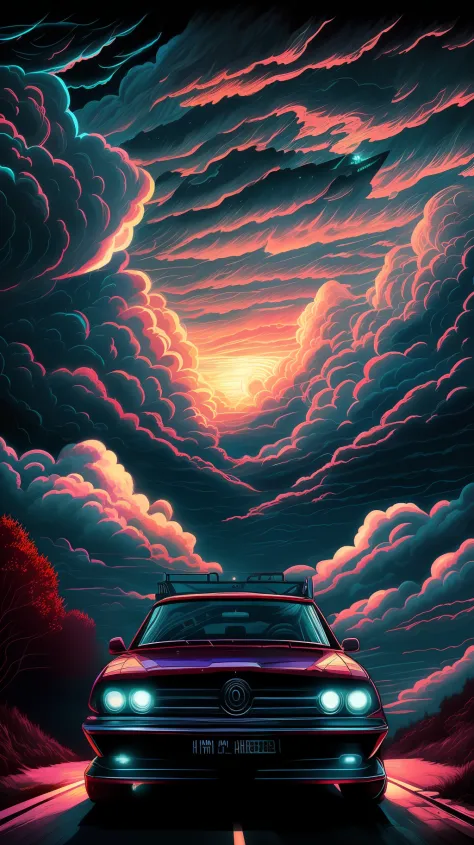 (Annotation:1.2) frontal view (Farari Car, beautiful clouds, the night:1.1) portraite of a, Artistic, Sharp, Dark art;, (Dan Mumford style:1.3), HDR, 真实感, cinematic atmosphere, Lovecraft style, (JimJorCrafLogo design style:1.4).