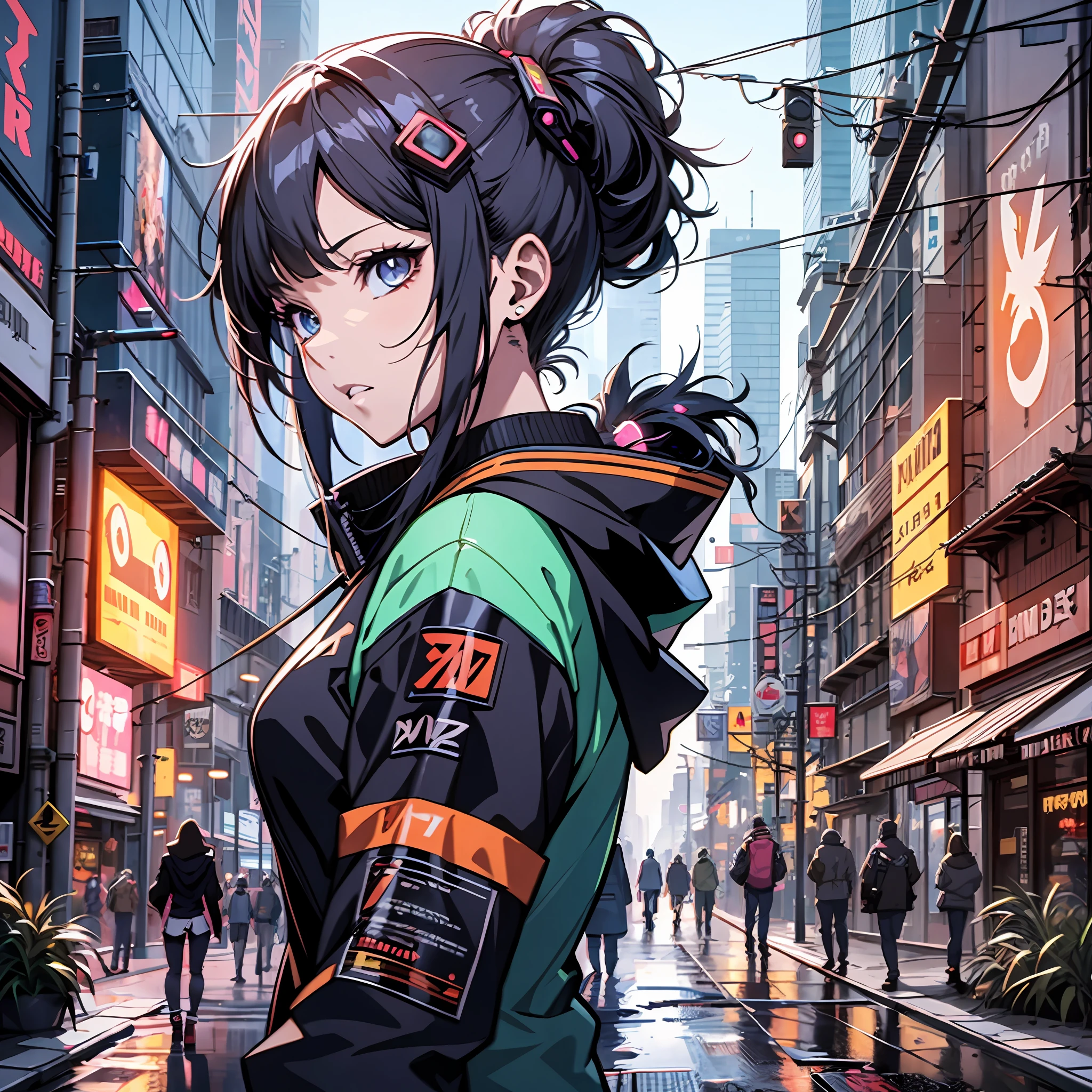 anime girl in a city with a street sign in the background, digital cyberpunk anime art, digital anime illustration, cyberpunk anime girl, detailed digital anime art, trending on artstation pixiv, stunning anime face portrait, digital cyberpunk - anime art, detailed portrait of anime girl, digital anime art, beautiful anime portrait, cyberpunk anime art, anime style portrait, anime styled digital art