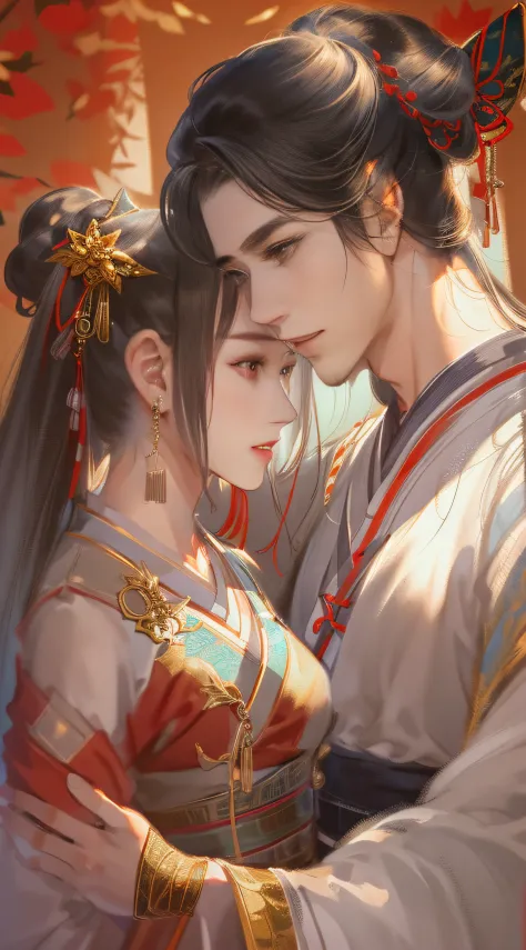 An ancient Chinese handsome boy and a beautiful girl, full body portrait, looking at each other, gentle eyes, clear facial features, wearing red Hanfu, kingly temperament, movie edge light, delicate light, masterpiece, super detailed, epic composition, sup...