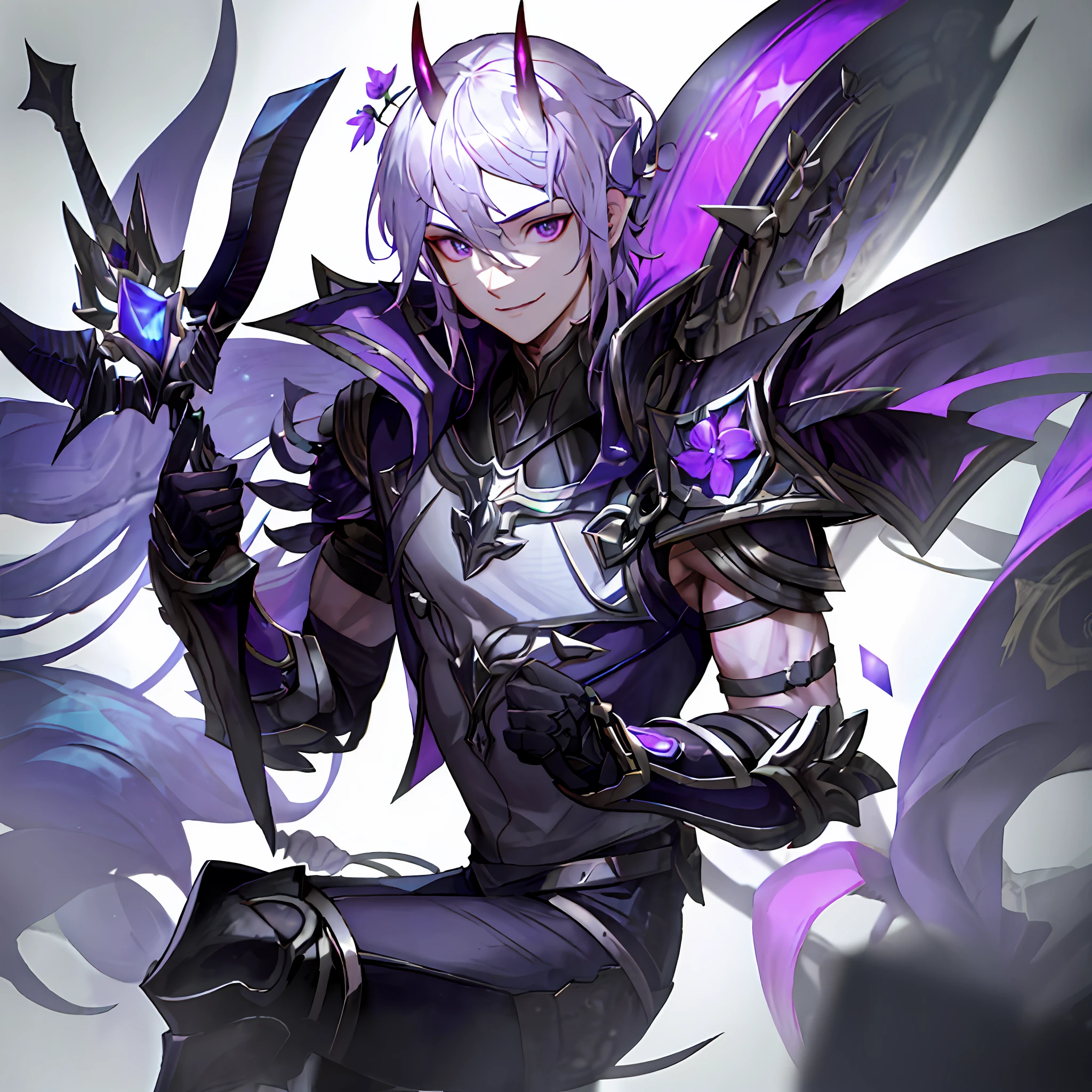 zeronis, 1boy, manly, muscled, purple eyes, league of legends, yone spirit blossom, lips, silver plate armor, hero, smiling towards the camera, small black delicate horns, white hair, portrait, solo, ((masterpiece)), (deep depth of field)