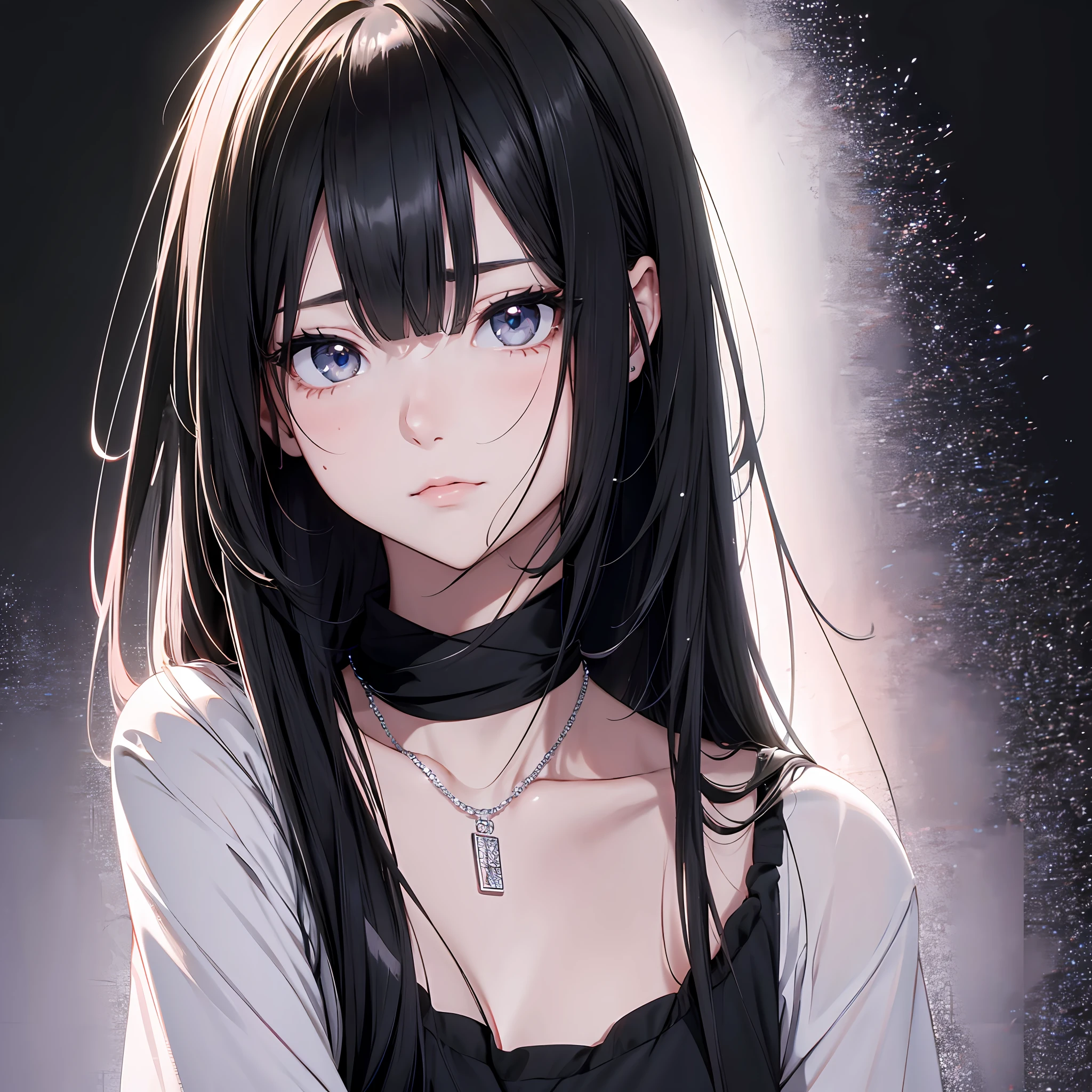 Cute adult girl standing, girl focus, (Full body close-up), ((Plain black background)), pokerface, upright immovable, (1girl in:1.3), Bangs, a necklace, facing front, （black cloth ), Crystal gray Eyes, slender, masterful technique, Long hair, animetic, Solo, bright black hair, Masterpiece, ultra detail, [wide-hips], Beautiful Girl, (Detail Face), detail hands, ultra detail eyes, nothing face emotion, Beautiful eyes, hair over shoulder, mole under eye, symmetry, Super Detail, High quality, 8k