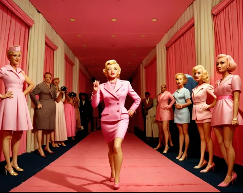 wes anderson style Marilyn Monroe is wearing a pink dress, walking on the pink carpet of the Barbie party, and many spotlights a...