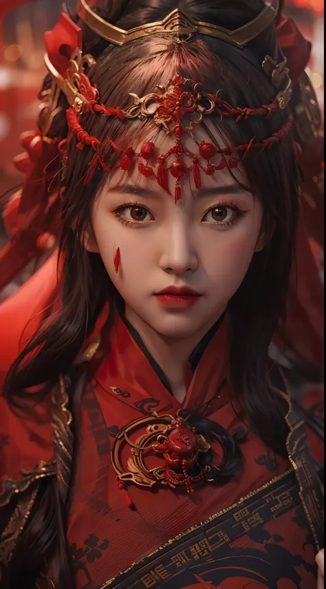 Realistic style，Fantastic screen，A Chinese woman in a red costume is preparing to enter the battle，Look into the camera，People around are fighting，fire glow，Close-up of people，Blurred background，tmasterpiece，high qulity，8K