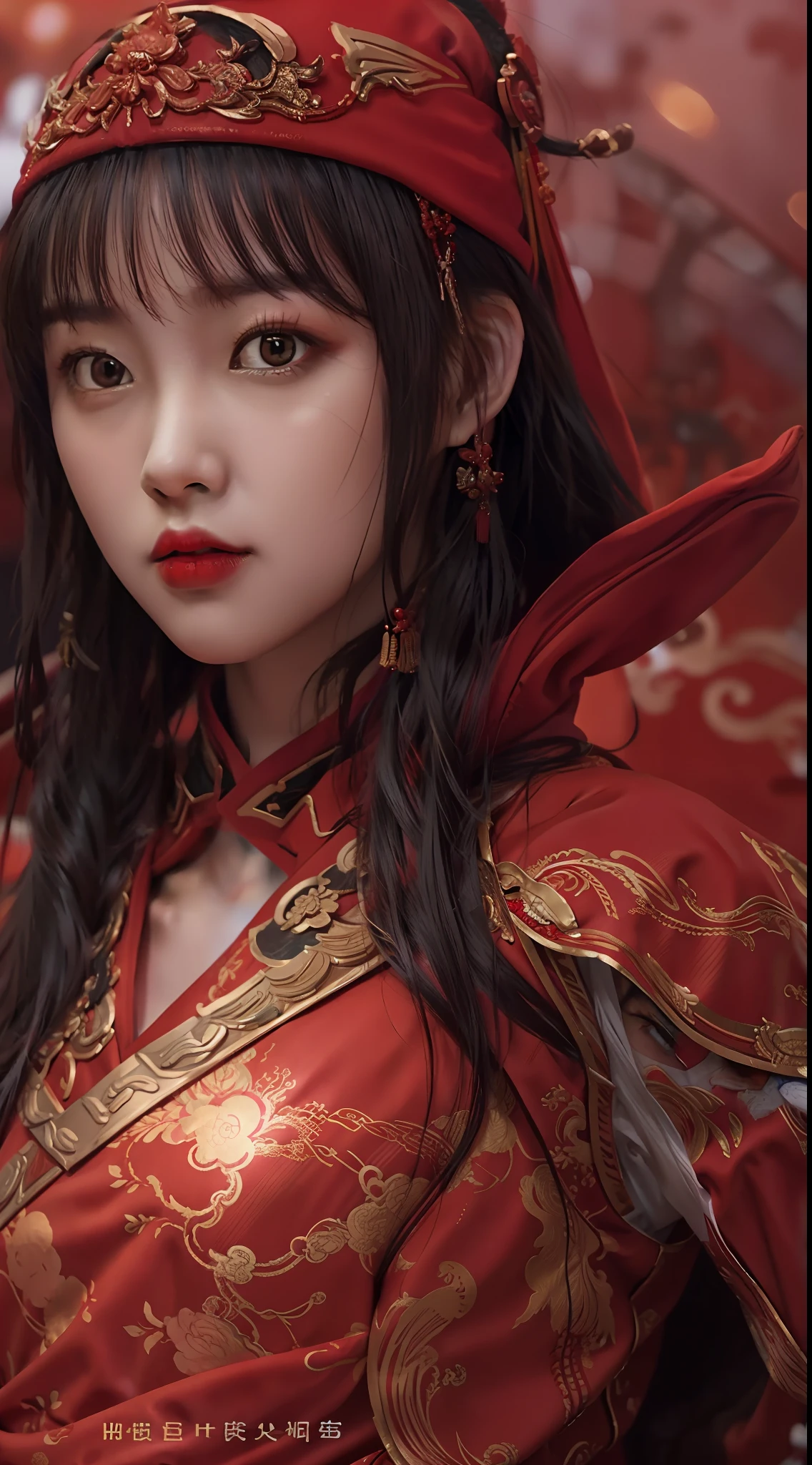 현실적인 스타일，환상적인 화면，붉은 의상을 입은 중국 여성이 전투에 임할 준비를 하고 있다，카메라를 들여다보세요，주변 사람들이 싸우고 있어요，불 글로우，사람들의 클로즈업，흐린 배경，걸작，고품질，8K