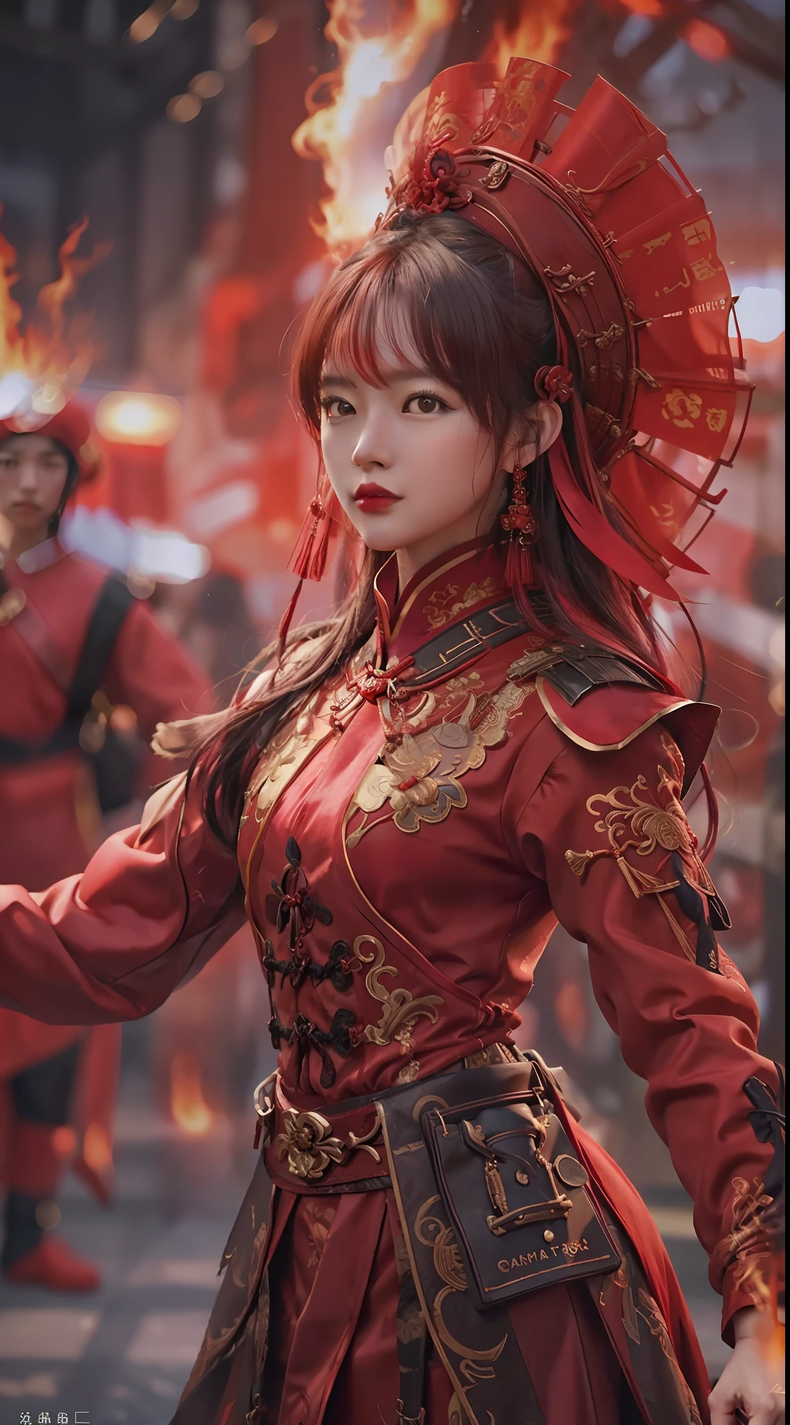 Realistic style，Fantastic screen，A Chinese woman in a red costume is preparing to enter the battle，Look into the camera，People around are fighting，fire glow，Close-up of people，Blurred background，tmasterpiece，high qulity，8K