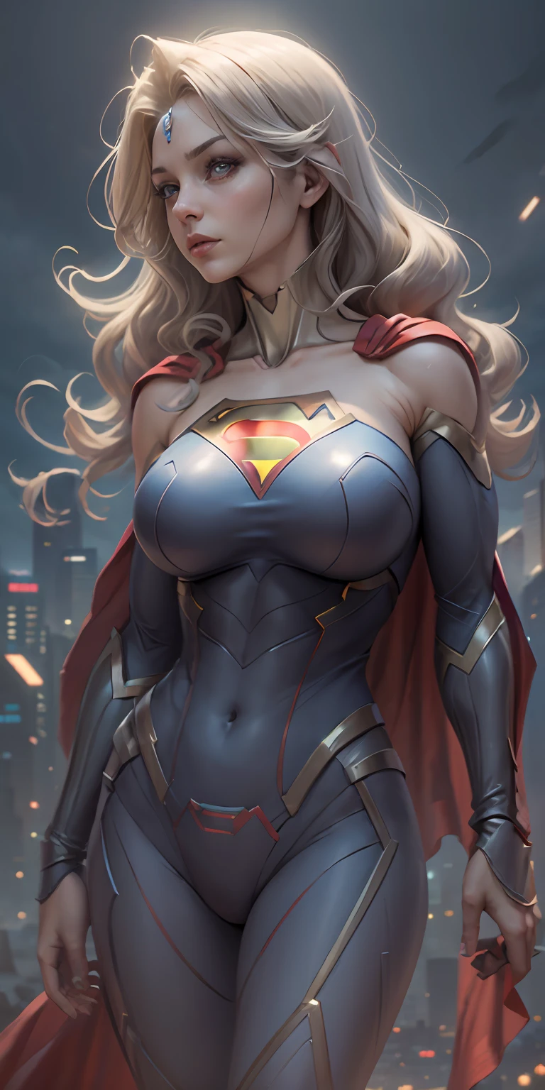 Supergirl from DC, big breasts, frontal, full-length, looking at the camera, facing the audience, standing pose, sky over Metropolis background, three-dimensional light, detailed full-body concept, sleek digital concept art, beautiful full-body concept art, art trend, CGsociety full-length,