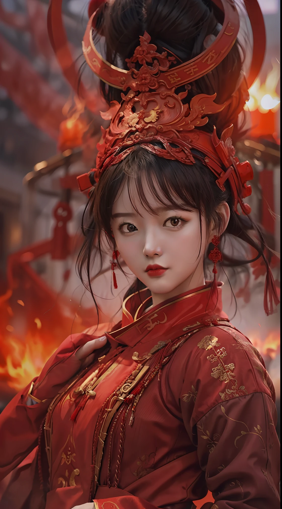 realistischer Stil，Fantastischer Bildschirm，Eine Chinesin im roten Kostüm bereitet sich auf den Kampf vor，Blick in die Kamera，Die Leute in der Umgebung kämpfen，Feuer glühen，Nahaufnahme von Menschen，Unscharfer Hintergrund，Meisterstück，hohe Qualität，8K