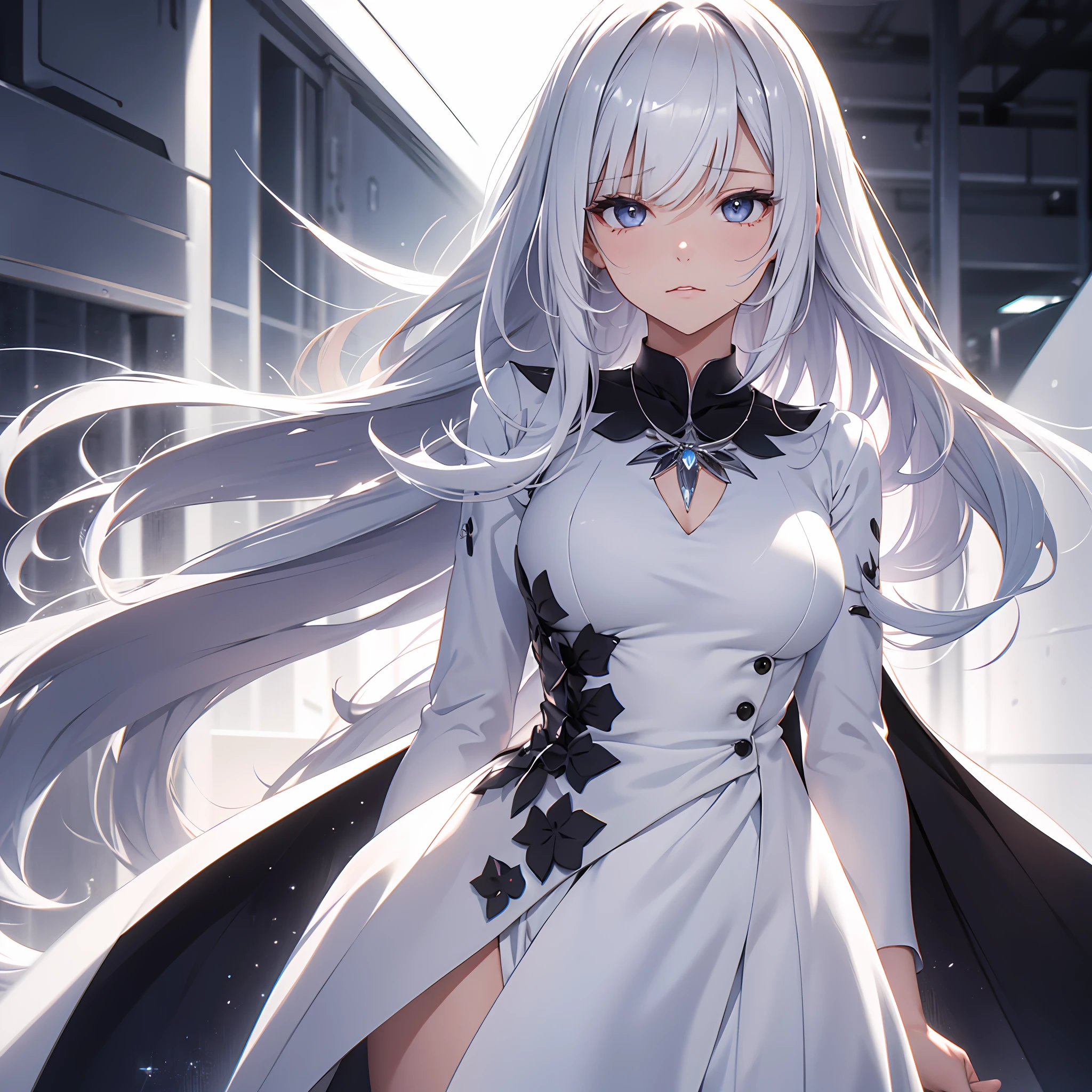 Cute adult girl standing, girl focus, (Full body close-up), ((Plain white background)), pokerface, upright immovable, (1girl in:1.3), Bangs, a necklace, facing front, （white suits), Crystal silver Eyes, slender, masterful technique, Long hair, animetic, Solo, Silk White hair, MastetPiece, ultra detail, [wide-hips], Beautiful Girl, (Detail Face), detail hands, ultra detail eyes, nothing face emotion, Beautiful eyes, mole under eye, oral invitation, curly hair, parted bangs, hair behind ear, medium hair, symmetry, Super Detail, High quality, 8k