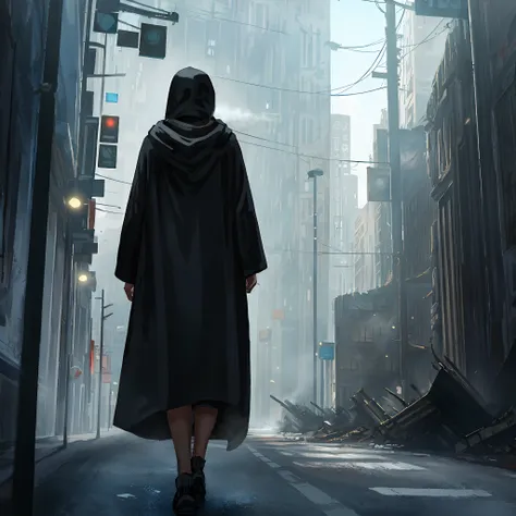 there was a man walking down the street wearing a black cloak, gothic city streets behind her, stylized urban fantasy artwork, w...