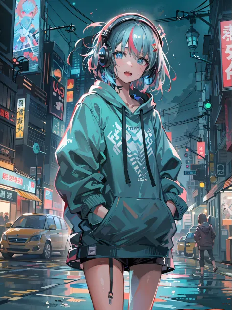 8K分辨率、((top-quality))、((​masterpiece))、((ultra-detailliert))、1 woman、独奏、incredibly absurdness、Oversized hoodies、headphones、Street、plein air、Sateen、Neon Street、Shortcut Hair、Brightly colored eyes、Hands in pockets、shortpants、water dripping