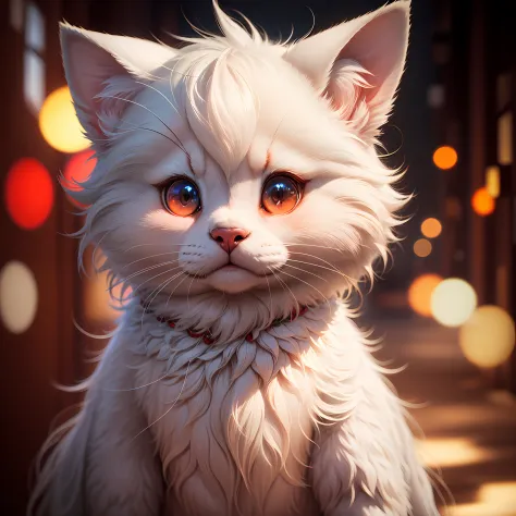 furry, white fur, ultra cute face, red elements on fur, glowing t-shrt, beautiful lights and shadows, ambient light, ultra detailed fur, volumetric light --auto