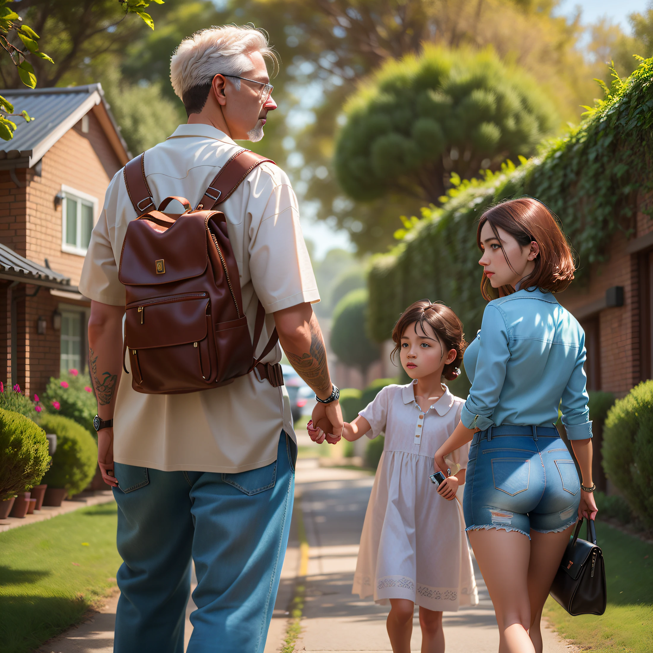 Hay un hombre y una mujer caminando por una acera que vienen del frente.,with a boy, Estilo fotorrealista, realistic afternoon lighting, photorealistic movie still, Alexey Egorov, Retrato de alta calidad, Imagen fotorrealista, Estilo realista, Imagen ultra realista, por Ni Yuanlu, Caminando por un suburbio, Lt. Andrew Wroblewski, Estilo fotorrealista, Estilo de arte realista