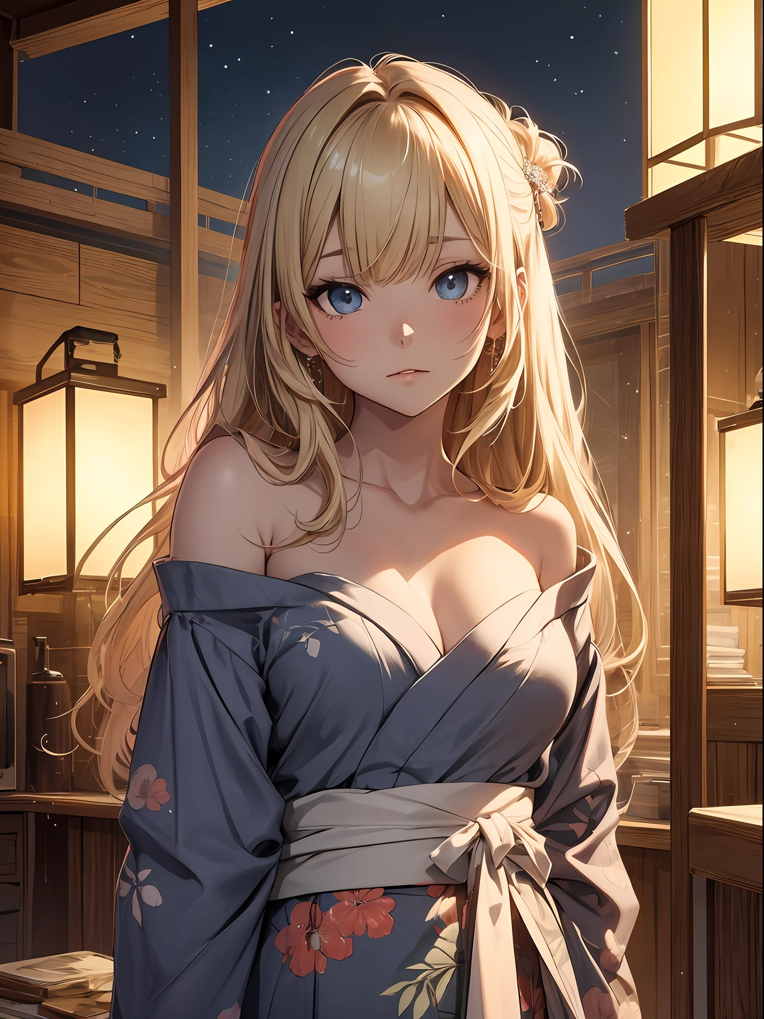 (masutepiece), Top quality ultra-detailed CG art, Dignified and beautiful women's yukata, a blond, Beautiful facial features, Vivid eyes, Sexy atmosphere, Scene with hair swaying。(Shots focused on a small area), A body shape that remains young, long beautiful hair,, An expression that makes you feel a commotion in your chest, night landscape、Atmosphere like a Showa idol、Fluffy beds、ryokan、Shoulders bare、Big eyes、
