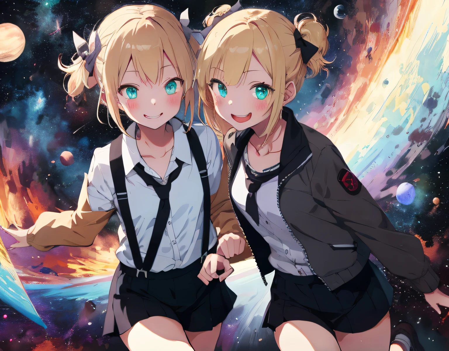 masterpiece, best quality, ultra-detailed, illustration, an extremely delicate and beautiful, cute, 2girls, running, blonde hair, aqua eyes, evil smile, hair bow, short hair, jacket, suspenders, space, double peace