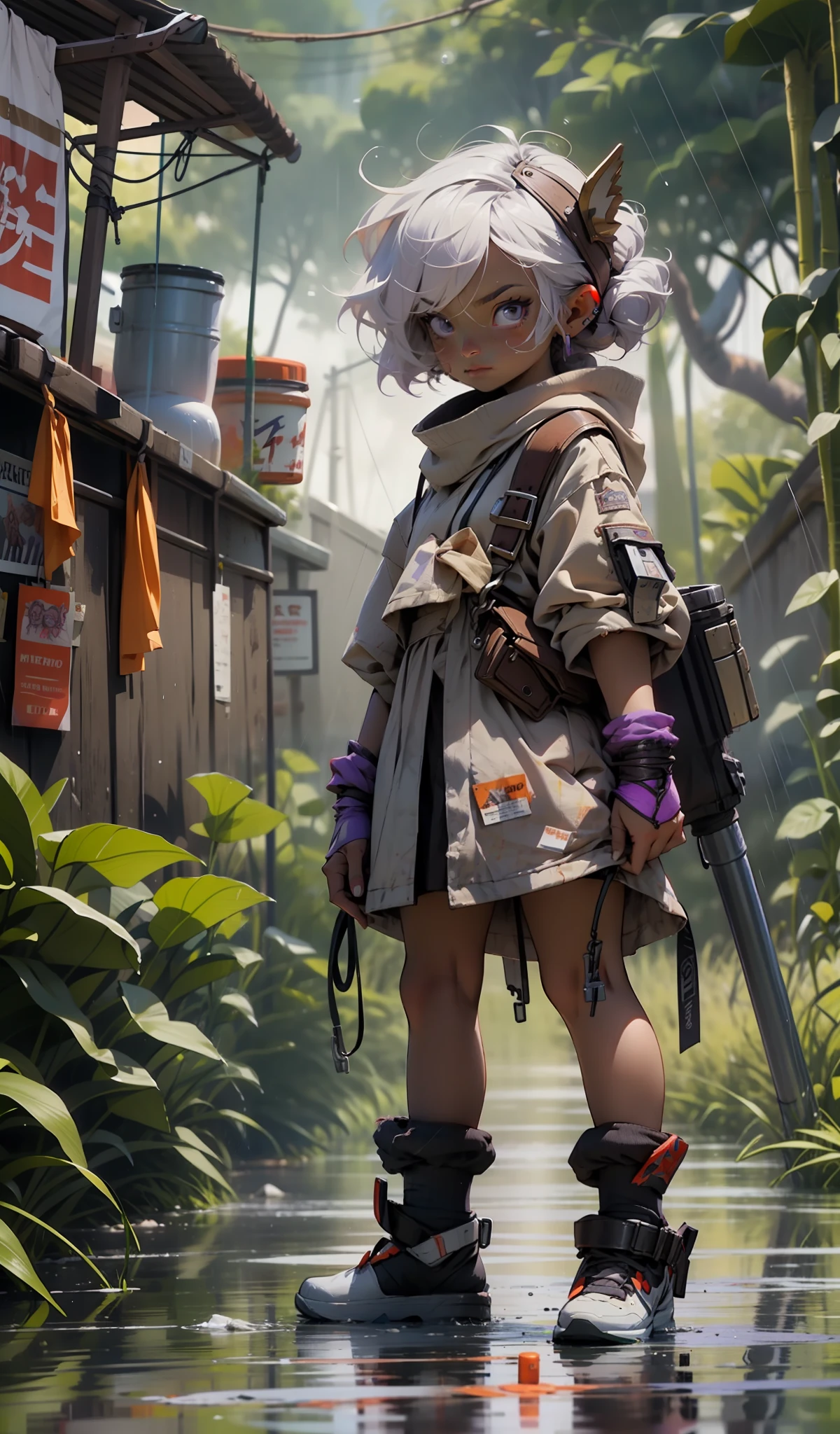 Anime character in raincoat standing in a flooded area with a gun - SeaArt  AI