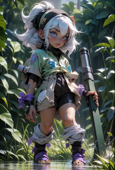 "A fierce 3-foot-4-inch warrior with tattered clothing and light purple skin, Tristana, holding a rocket launcher, stands firmly...