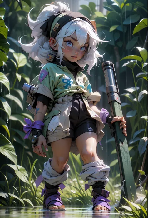 "a fierce 3-foot-4-inch warrior with tattered clothing and light purple skin, tristana, holding a rocket launcher, stands firmly...