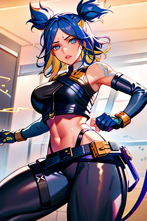 ((masterpiece)), (best quality), (detailed),(hires), (shining face, shining body), neonfx, neon_valorant, 1girl, solo, looking at viewer, blue eyes, blonde hair, gloves, navel, twintails, blue hair, multicolored hair, parted lips, black gloves, belt, pants...