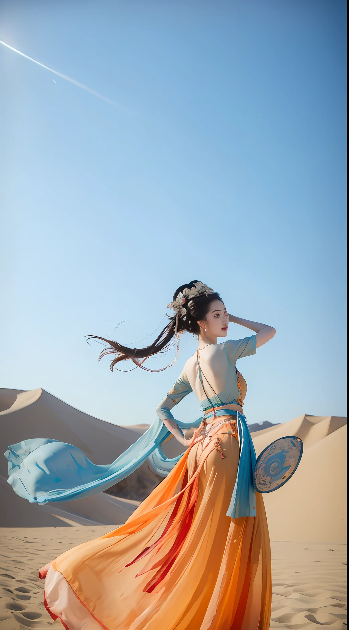 1girll，Dunhuang flying costume，Long messy hair，JI Jian，Dunhuang style，A lot of smoke，Exquisite，Elegant colors，Don dress long skirt，Dresses，（realisticlying，high detal，tmasterpiece，ultra - detailed，dynamic angle，Mural background，water ink，astounding，cinmatic lighting，illustratio，lightand shade contrast，The light from the back window is backlighted，God Ray，Netherlands，Best quality at best，Best quality at best