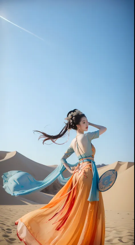 1girll，dunhuang flying costume，long messy hair，ji jian，dunhuang style，a lot of smoke，exquisite，elegant colors，don dress long ski...