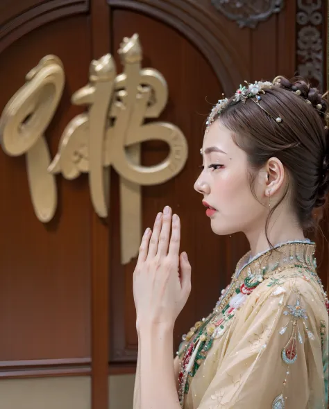 chinese beautiful woman，pray at the temple