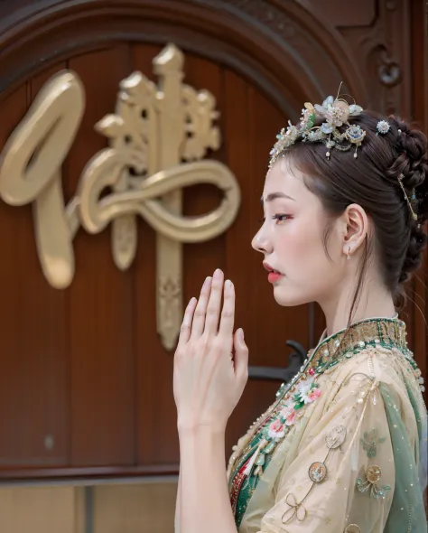 chinese beautiful woman，pray at the temple