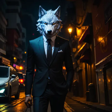 Male wolf-headed man in suit，Streets at night --auto