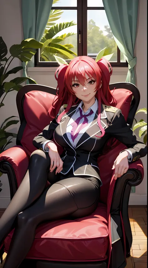 masterpiece, best quality, 1girl, stella vermillion, solo, armchair, sitting, seductive smile, business suit, trousers, window i...