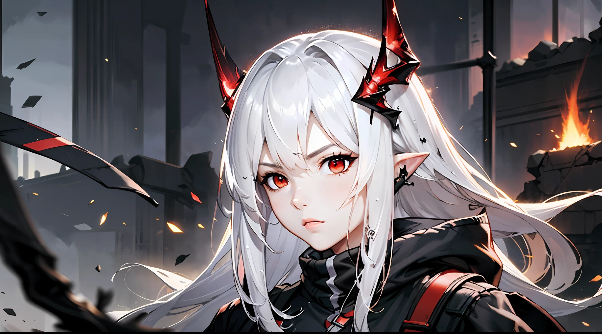 (floating and spread hair:1.2), (detailed and delicate and flexible eyes),(1girl,arm, oripathy lesion (arknights),splash ink,angry,:1.2),mudrock (arknights), white hair,red eyes, solo,hair ornament, pointy ears,oripathy lesion (arknights), infection monitor (arknights),black horns, (corrpution,cowboyshot:1.15), kda, fov,f/1.8, side lighting, sunlight on people (masterpiece, best quality, Ultra Detail, wallpaper, detailed shiny skin, flawless, 8k, RAW, highres,absurdres,:1.3), (detailed super oily shiny skin:1.1),[wet:0.8|mucus], colorful, power scene,(imid shot:0.95), (Dynamic angle, upper body,Battlefield, artillery fire, ruins, ashes, dark lightning effects and Flame particle effect),