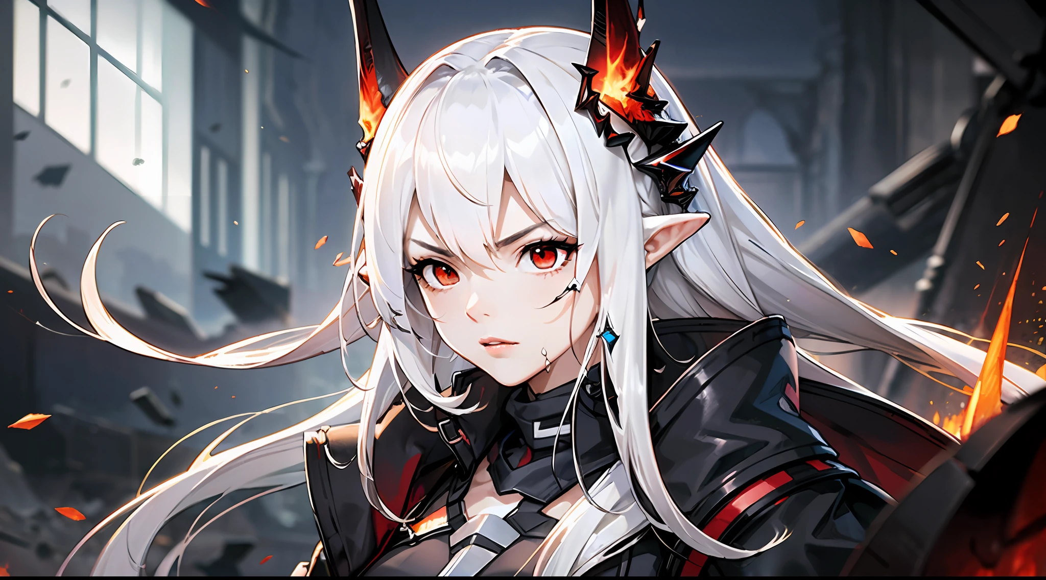 (floating and spread hair:1.2), (detailed and delicate and flexible eyes),(1girl,arm, oripathy lesion (arknights),splash ink,angry,:1.2),mudrock (arknights), white hair,red eyes, solo,hair ornament, pointy ears,oripathy lesion (arknights), infection monitor (arknights),black horns, (corrpution,cowboyshot:1.15), kda, fov,f/1.8, side lighting, sunlight on people (masterpiece, best quality, Ultra Detail, wallpaper, detailed shiny skin, flawless, 8k, RAW, highres,absurdres,:1.3), (detailed super oily shiny skin:1.1),[wet:0.8|mucus], colorful, power scene,(imid shot:0.95), (Dynamic angle, upper body,Battlefield, artillery fire, ruins, ashes, dark lightning effects and Flame particle effect),