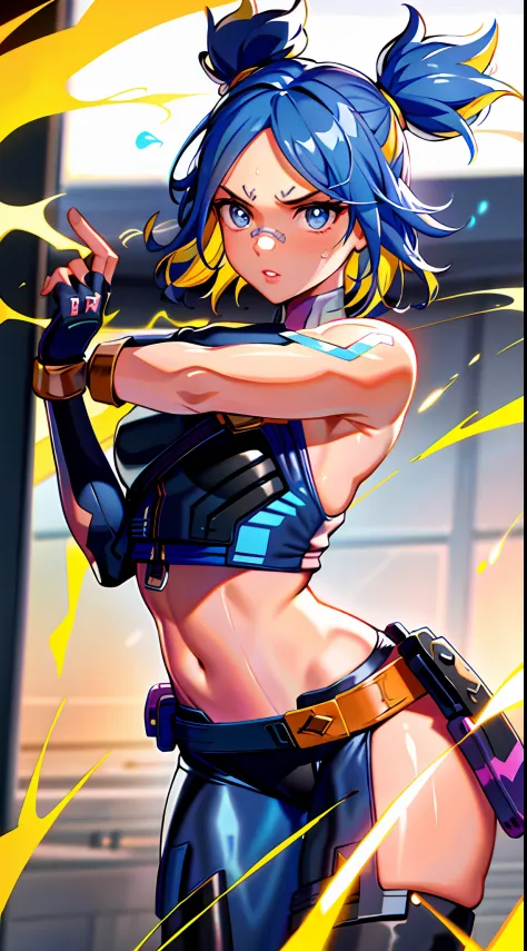 ((masterpiece)), (best quality), (detailed),(hires), (shining face, shining body), neonfx, neon_valorant, 1girl, solo, looking at viewer, blue eyes, blonde hair, gloves, navel, twintails, blue hair, multicolored hair, parted lips, black gloves, belt, pants...