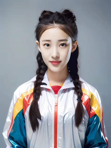 a female high school student，wearing pvc yellow school uniform