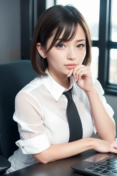 (8k, best quality, masterpiece:1.2), (realistic, photo-realistic:1.37), ultra-detailed, 1 girl,cute, solo,beautiful detailed sky,detailed office,night,sitting,(nose blush),(smile:1.15),(closed mouth) , medium breasts,beautiful detailed eyes,(collared shirt...