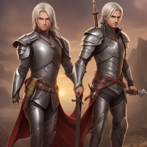 of a handsome man，full body armor with a sword in one hand，in one hand was a silver-haired, blue-eyed, gorgeously dressed girl -...