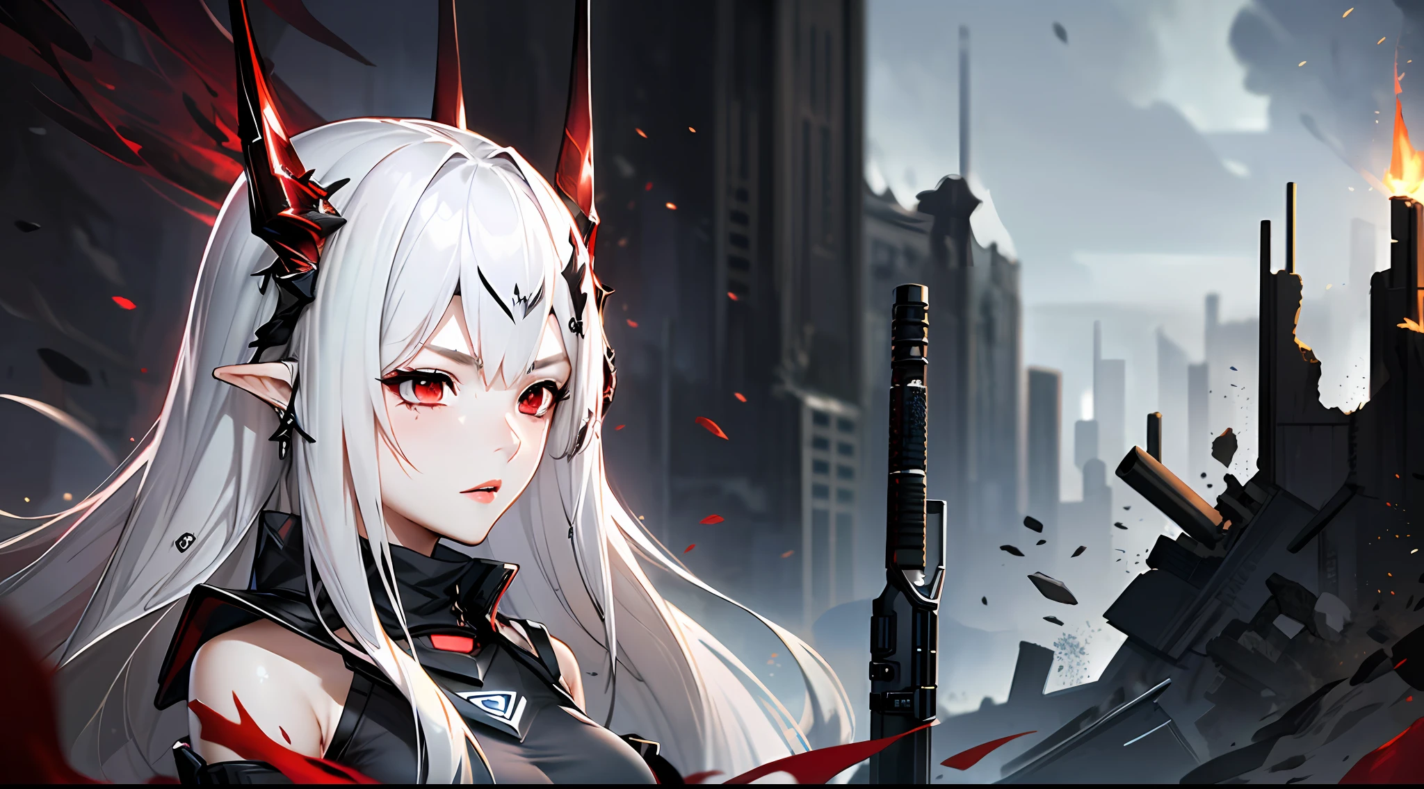 (floating and spread hair:1.2), (detailed and delicate and flexible eyes),(1girl,arm, oripathy lesion (arknights),splash ink,angry,shout,:1.2),mudrock (arknights), white hair,red eyes, solo,hair ornament, pointy ears,oripathy lesion (arknights), infection monitor (arknights),black horns, (corrpution,cowboyshot:1.15), kda, fov,f/1.8, side lighting, sunlight on people (masterpiece, best quality, Ultra Detail, wallpaper, detailed shiny skin, flawless, 8k, RAW, highres,absurdres,:1.3), (detailed super oily shiny skin:1.1),[wet:0.8|mucus], colorful, power scene,(imid shot:0.95), (Dynamic angle, upper body,Battlefield, artillery fire, ruins, ashes, dark lightning effects and Flame particle effect),Injuries, abrasions, blood