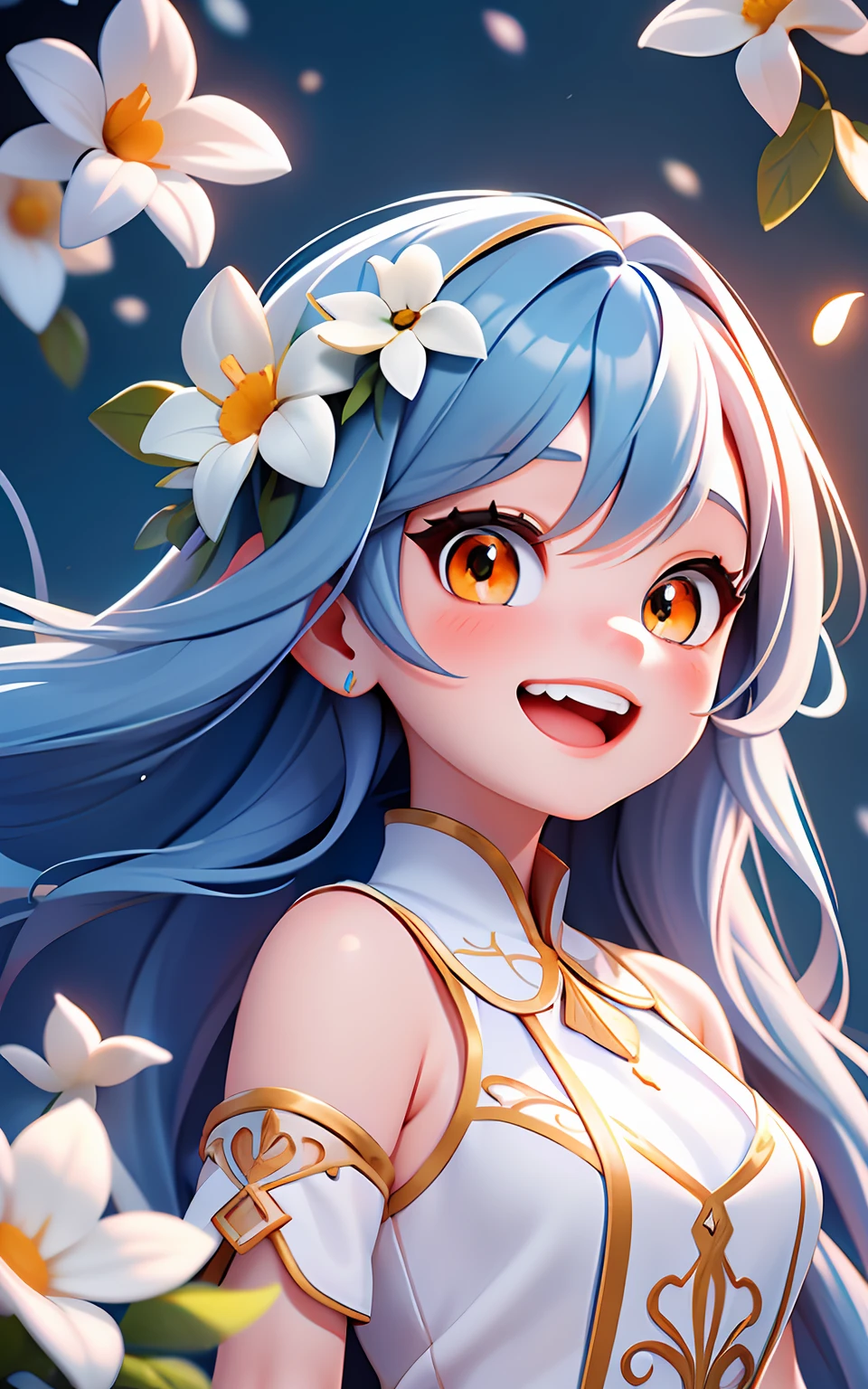 Pixar, 1 girl, long blue hair, floating hair, white flowers on hair, orange pupils: 1.5, white antique tunic, complex filigree, happy, masterpiece, ultra detailed, 4k