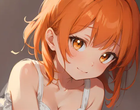 masterpiece, best quality, ultra-detailed, illustration, an extremely delicate and beautiful, cute, 1girl, solo, orange hair, brown eyes, simple background, upper body, bust up shot,, beautiful clavicle, cleavage cleavage