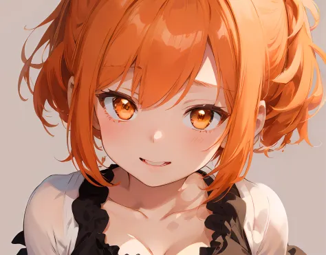 masterpiece, best quality, ultra-detailed, illustration, an extremely delicate and beautiful, cute, 1girl, solo, orange hair, brown eyes, simple background, upper body, bust up shot,, beautiful clavicle, cleavage cleavage