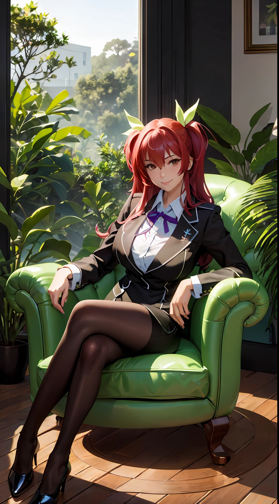 Masterpiece, best quality, 1girl, Stella vermillion, solo, armchair, sitting, seductive smile, business suit, trousers, window in the background, Ecuadoran rainforest, indoors, presidential palace