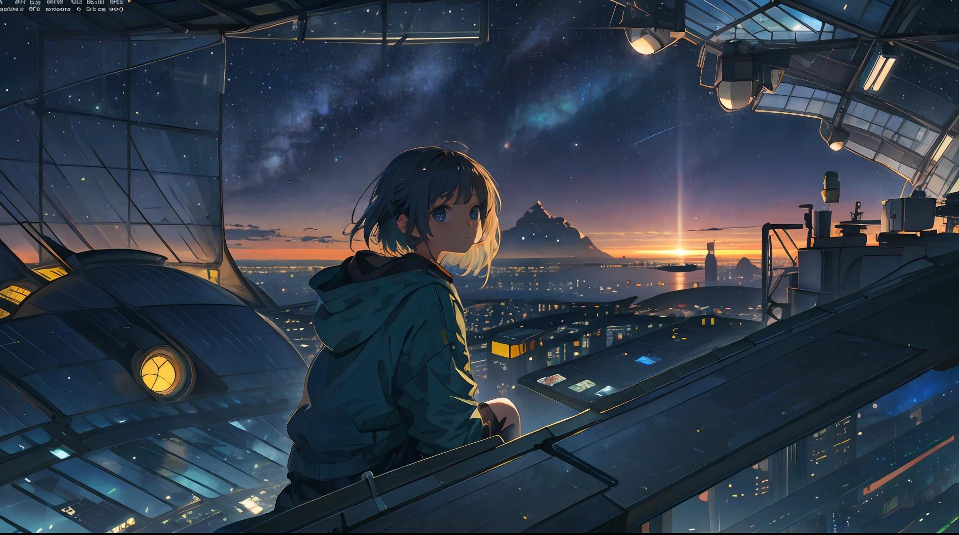 best quality, masterpiece, extremely detailed, detailed background, anime, 1girl, young girl, short girl, sci-fi, science fiction, outdoors, night, starry sky, greenhouse, megastructure, bio-dome, landscape, scenery, horizon, rooftop, sitting on rooftop, wind, looking away, atmospheric lighting, solo focus, close up, from side, depth of field, bokeh