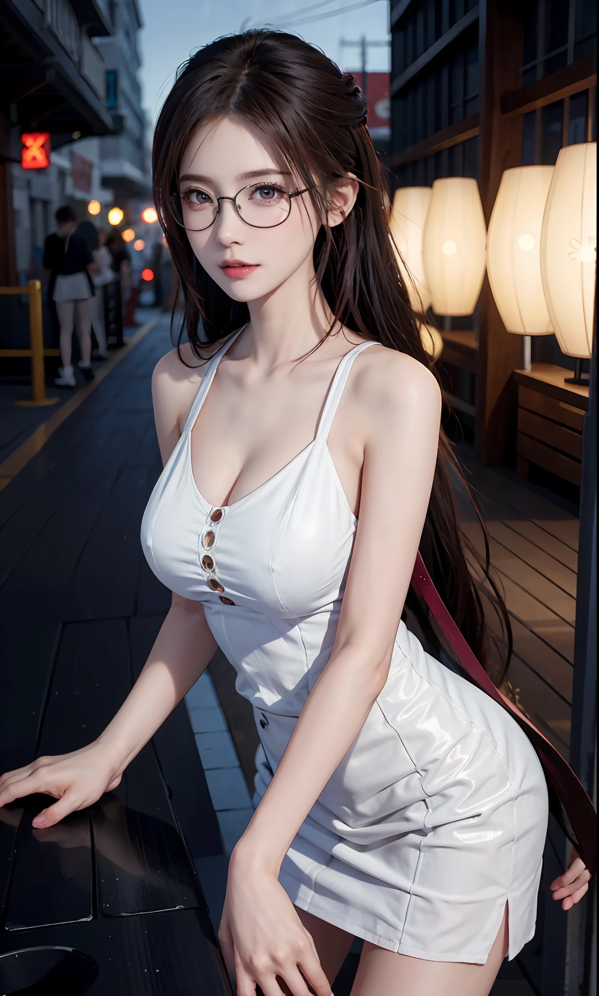 （RAW photos：1.2），high high quality，Beautiful Meticulous Girl，nurses，Highly detailed eyes and face，beatiful detailed eyes，hugefilesize，A high resolution，8k wallpaper，finely detailled，Highly detailed stock code uniform 8k wallpaper，light in face，full bodyesbian，Have by the sea，电影灯光，16 year old girl，A sexy pose，（photo-realism：1.4），illustratio，ultra-realistic realism，super detailing， tmasterpiece， Have by the sea，shift dresses，wears glasses，Bigchest，low chest