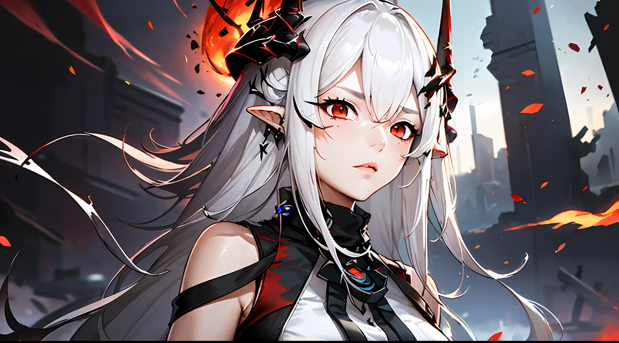 (floating and spread hair:1.2), (detailed and delicate and flexible eyes),(1girl,solo,arm, oripathy lesion (arknights),splash ink,angry.open_mouth,shout,white hair,red eyes, hair ornament, pointy ears,oripathy lesion (arknights), infection monitor (arknights),black horns,Clothes are damaged,Injuries, abrasions:1.2),mudrock (arknights), (corrpution,cowboyshot:1.15), kda, fov,f/1.8, side lighting, sunlight on people (masterpiece, best quality, Ultra Detail, wallpaper, detailed shiny skin, flawless, 8k, RAW, highres,absurdres,:1.3), (detailed super oily shiny skin:1.1),[wet:0.8|mucus], colorful, power scene,(imid shot:0.95), (Dynamic angle, upper body,Battlefield, artillery fire, ruins, ashes, lightning effects and Flame particle effect:1.2),